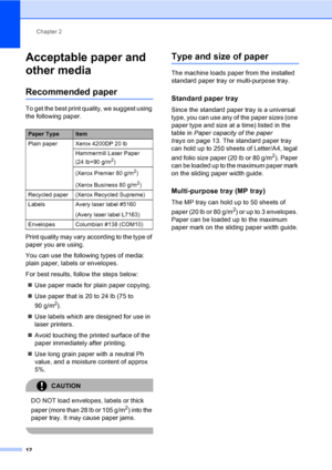 Page 24Chapter 2
12
Acceptable paper and 
other media
2
Recommended paper2
To get the best print quality, we suggest using 
the following paper.
Print quality may vary according to the type of 
paper you are using.
You can use the following types of media: 
plain paper, labels or envelopes.
For best results, follow the steps below:
„Use paper made for plain paper copying. 
„Use paper that is 20 to 24 lb (75 to 
90 g/m
2).
„Use labels which are designed for use in 
laser printers.
„Avoid touching the printed...