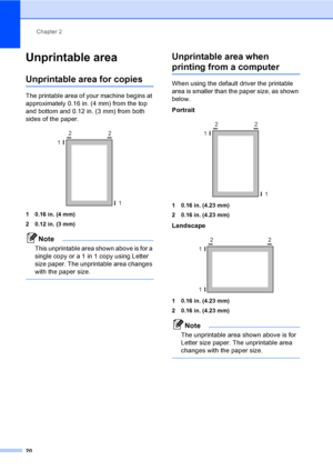 Page 32Chapter 2
20
Unprintable area2
Unprintable area for copies2
The printable area of your machine begins at 
approximately 0.16 in. (4 mm) from the top 
and bottom and 0.12 in. (3 mm) from both 
sides of the paper.
 
10.16in. (4mm)
2 0.12 in. (3 mm)
Note
This unprintable area shown above is for a 
single copy or a 1 in 1 copy using Letter 
size paper. The unprintable area changes 
with the paper size.
 
Unprintable area when 
printing from a computer2
When using the default driver the printable 
area is...