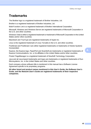 Page 57Safety and legal
45
A
TrademarksA
The Brother logo is a registered trademark of Brother Industries, Ltd.
Brother is a registered trademark of Brother Industries, Ltd.
Multi-Function Link is a registered trademark of Brother International Corporation.
Microsoft, Windows and Windows Server are registered trademarks of Microsoft Corporation in 
the U.S. and other countries.
Windows Vista is either a registered trademark or trademark of Microsoft Corporation in the United 
States and/or other countries....