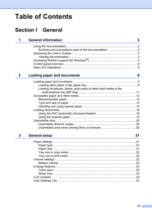 Page 9vii
Table of Contents
Section I General
1 General information 2
Using the documentation ....................................................................................... 2
Symbols and conventions used in the documentation .................................... 2
Accessing the User’s Guides................................................................................. 2
Viewing documentation ................................................................................... 3
Accessing Brother...