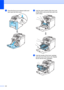 Page 114102
aPress the front cover release button and 
then open the front cover.
 
bHold the green handle of the drum unit. 
Lift the drum unit up and then pull it out 
until it stops.
 
cHold the handle of the toner cartridge 
and pull it out of the drum unit. Repeat 
this for all the toner cartridges.
 
 