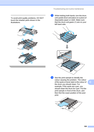 Page 117Troubleshooting and routine maintenance
109
C
 
To avoid print quality problems, DO NOT 
touch the shaded parts shown in the 
illustrations.
 
 
 
 
oWhile holding both hands, turn the drum 
unit upside down and place on a piece of 
disposable paper or cloth. Make sure 
that the drum unit gears (1) are on your 
left hand side.
 
pSee the print sample to identify the 
colour causing the problem. The colour 
of the spots or toner stain is the colour of 
the drum you should clean. For 
example, if the spots...