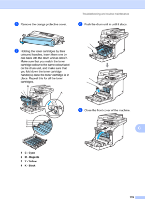 Page 127Troubleshooting and routine maintenance
119
C
fRemove the orange protective cover.
 
gHolding the toner cartridges by their 
coloured handles, insert them one by 
one back into the drum unit as shown. 
Make sure that you match the toner 
cartridge colour to the same colour label 
on the drum unit, and make sure that 
you fold down the toner cartridge 
handle(A) once the toner cartridge is in 
place. Repeat this for all the toner 
cartridges.
 
1 C - Cyan
2 M - Magenta
3 Y - Yellow
4K - Black
hPush the...