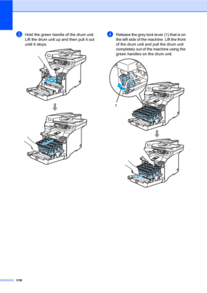 Page 136128
cHold the green handle of the drum unit. 
Lift the drum unit up and then pull it out 
until it stops.
 
dRelease the grey lock lever (1) that is on 
the left side of the machine. Lift the front 
of the drum unit and pull the drum unit 
completely out of the machine using the 
green handles on the drum unit.
 
 
