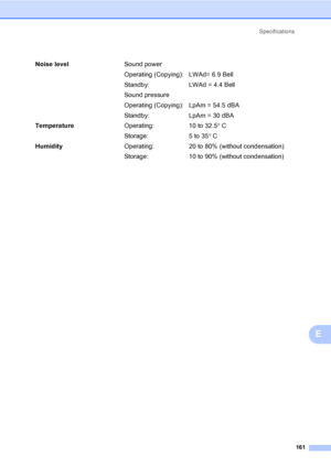 Page 169Specifications
161
E
Noise levelSound power
Operating (Copying): LWAd= 6.9 Bell
Standby: LWAd = 4.4 Bell
Sound pressure
Operating (Copying): LpAm = 54.5 dBA
Standby: LpAm = 30 dBA
TemperatureOperating: 10 to 32.5° C
Storage: 5 to 35° C
HumidityOperating: 20 to 80% (without condensation)
Storage: 10 to 90% (without condensation)
 