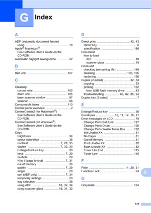 Page 179Index
171
G
G
A
ADF (automatic document feeder)
using
 .....................................................18
Apple® Macintosh®
See Software User’s Guide on the 
CD-ROM.
Automatic daylight savings time
 ...............22
B
Belt unit .................................................. 127
C
Cleaning
corona wire
 ......................................... 102
drum unit
 ............................................. 105
laser scanner window
 ...........................97
scanner...