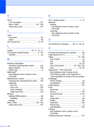 Page 180172
H
HELP
LCD messages
 ...................................147
Menu Table
 ................................ 147, 149
using menu keys
 .................................147
J
Jams
document
 ..............................................84
paper
 .....................................................84
Job Cancel key
 ................................... 6, 63
L
Labels .................................. 10, 11, 14, 17
LCD (liquid crystal display)
 ............... 6, 147
contrast...