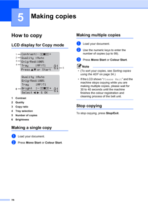 Page 3628
5
How to copy5
LCD display for Copy mode5
 
 
1 Contrast
2Quality
3 Copy ratio
4 Tray selection
5 Number of copies
6 Brightness
Making a single copy5
aLoad your document.
bPress Mono Start or Colour Start.
Making multiple copies5
aLoad your document.
bUse the numeric keys to enter the 
number of copies (up to 99).
cPress Mono Start or Colour Start.
Note
• (To sort your copies, see Sorting copies 
using the ADFon page 34.)
• If the LCD shows “Please Wait” and the 
machine stops copying while you are...