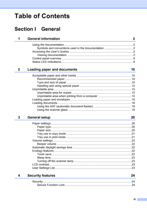 Page 5iii
Table of Contents
Section I General
1 General information 2
Using the documentation ....................................................................................... 2
Symbols and conventions used in the documentation .................................... 2
Accessing the User’s Guides................................................................................. 2
Viewing documentation ................................................................................... 3
Control panel overview...