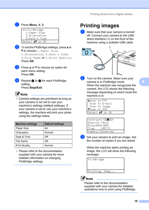 Page 47Printing photos from a digital camera
39
6
aPress Menu, 4, 3. 
43.PictBridge
1.Paper Size
2.Orientation
3.Date & Time
Selectabor OK
bTo set the PictBridge settings, press a or 
b to choose 1.Paper Size, 
2.Orientation, 3.Date & Time, 
4.File Name, or 5.Print Quality.
PressOK.
cPress a or b to choose an option for 
each menu setting.
PressOK.
dRepeat b to c for each PictBridge 
setting.
Press Stop/Exit.
Note
• Camera settings are prioritised as long as 
your camera is not set to use your 
machine’s...