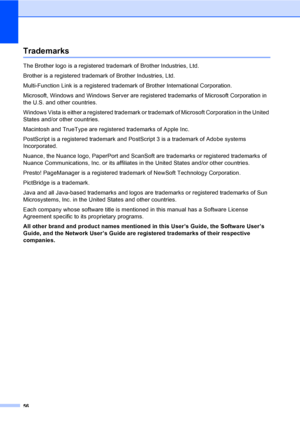 Page 6456
TrademarksA
The Brother logo is a registered trademark of Brother Industries, Ltd.
Brother is a registered trademark of Brother Industries, Ltd.
Multi-Function Link is a registered trademark of Brother International Corporation.
Microsoft, Windows and Windows Server are registered trademarks of Microsoft Corporation in 
the U.S. and other countries.
Windows Vista is either a registered trademark or trademark of Microsoft Corporation in the United 
States and/or other countries.
Macintosh and TrueType...
