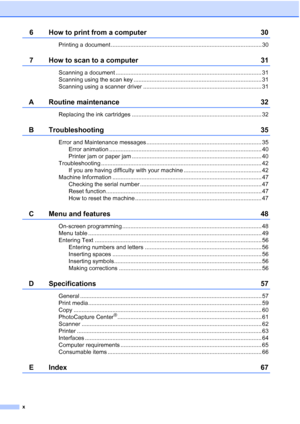 Page 12x
6 How to print from a computer 30
Printing a document ............................................................................................. 30
7 How to scan to a computer 31
Scanning a document .......................................................................................... 31
Scanning using the scan key ............................................................................... 31
Scanning using a scanner driver...
