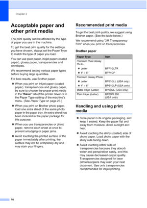 Page 30Chapter 2
16
Acceptable paper and 
other print media
2
The print quality can be affected by the type 
of paper you use in the machine.
To get the best print quality for the settings 
you have chosen, always set the Paper Type 
to match the type of paper you load.
You can use plain paper, inkjet paper (coated 
paper), glossy paper, transparencies and 
envelopes.
We recommend testing various paper types 
before buying large quantities.
For best results, use Brother paper.
When you print on inkjet paper...