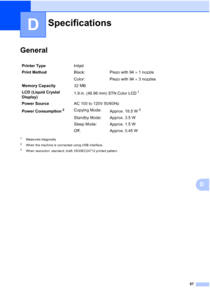 Page 7157
D
D
GeneralD
1Measured diagonally
2When the machine is connected using USB interface.
3When resolution: standard, draft: ISO/IEC24712 printed pattern.
SpecificationsD
Printer TypeInkjet
Print MethodBlack:
Color:Piezo with 94  1 nozzle
Piezo with 94  3 nozzles
Memory Capacity32 MB
LCD (Liquid Crystal 
Display)1.9 in. (48.98 mm) STN Color LCD
1
Power SourceAC 100 to 120V 50/60Hz
Power Consumption
2Copying Mode:
Approx. 18.5 W3
Standby Mode: Approx. 3.5 W
Sleep Mode: Approx. 1.5 W
Off: Approx. 0.45 W
 