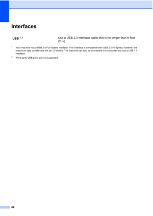 Page 7864
InterfacesD
1Your machine has a USB 2.0 Full-Speed interface. This interface is compatible with USB 2.0 Hi-Speed; however, the 
maximum data transfer rate will be 12 Mbits/s. The machine can also be connected to a computer that has a USB 1.1 
interface.
2Third party USB ports are not supported.
USB12Use a USB 2.0 interface cable that is no longer than 6 feet 
(2 m).
 