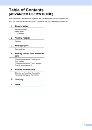 Page 7v
Table of Contents 
(ADVANCED USER’S GUIDE)
The  Advanced Users Guide  explains the following features and operations.
You can view the  Advanced Users Guide  on the Documentation CD-ROM.
1 General setup
Memory storage
Sleep Mode
LCD display
2 Printing reports
Reports
3 Making copies
Copy settings
4 Printing photos from a memory 
card
PhotoCapture Center™ operations
Print Images
PhotoCapture Center™ print settings
Scan to a memory card
A Routine maintenance
Cleaning and checking the machine
Packing and...