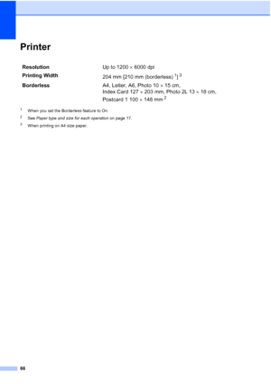 Page 7466
PrinterD
1When you set the Borderless feature to On.
2See Paper type and size for each operation  on page 17.
3When printing on A4 size paper.
ResolutionUp to 1200  6000 dpi
Printing Width 204 mm [210 mm (borderless)
1]3
BorderlessA4, Letter, A6, Photo 1015 cm, 
Index Card 127 203 mm, Photo 2L 13 18 cm, 
Postcard 1 100 148 mm
2
 