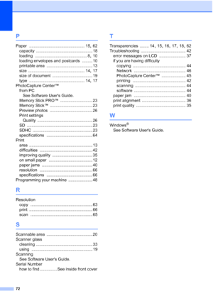 Page 8072
P
Paper ................................................ 15, 62
capacity
 ................................................. 18
loading
 ............................................. 8, 10
loading envelopes and postcards
 ......... 10
printable area
 ........................................ 13
size
 ................................................. 14, 17
size of document
 ................................... 19
type
 ................................................ 14, 17
PhotoCapture Center™ from...