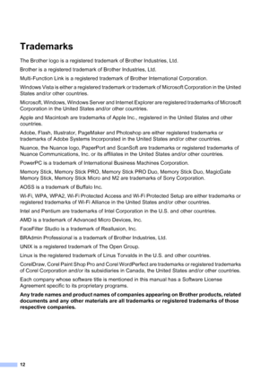 Page 1312
Trademarks1
The Brother logo is a registered trademark of Brother Industries, Ltd.
Brother is a registered trademark of Brother Industries, Ltd.
Multi-Function Link is a registered trademark of Brother International Corporation.
Windows Vista is either a registered trademark or trademark of Microsoft Corporation in the United 
States and/or other countries.
Microsoft, Windows, Windows Server and Internet Explorer are registered trademarks of Microsoft 
Corporation in the United States and/or other...