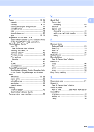 Page 128105
E
P
Paper ................................................ 16, 94
capacity
 ................................................. 19
loading
 ............................................. 9, 11
loading envelopes and postcard
 ........... 11
printable area
 ........................................ 14
size
 ....................................................... 15
size of document
 ................................... 20
type
 ................................................ 15, 18
PaperPort™11SE with OCR...