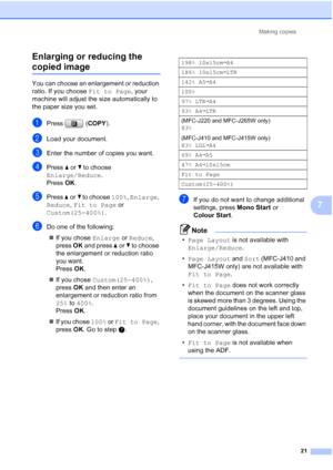 Page 157Making copies
21
7 Enlarging or reducing the 
copied image7
You can choose an enlargement or reduction 
ratio. If you choose Fit to Page, your 
machine will adjust the size automatically to 
the paper size you set.
aPress (COPY).
bLoad your document.
cEnter the number of copies you want.
dPress aorb to choose 
Enlarge/Reduce.
Press OK.
ePress aorb to choose 100%, Enlarge, 
Reduce, Fit to Page or 
Custom(25-400%).
fDo one of the following:
If you chose Enlarge or Reduce, 
press OK and press aorb to...