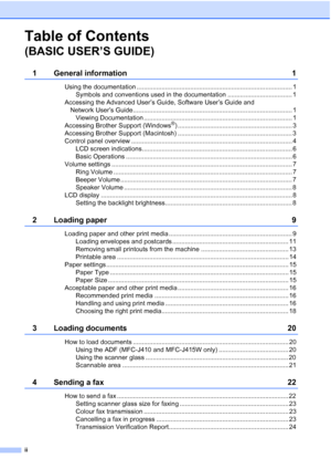 Page 19ii
Table of Contents 
(BASIC USER’S GUIDE)
1 General information 1
Using the documentation ....................................................................................... 1
Symbols and conventions used in the documentation .................................... 1
Accessing the Advanced User’s Guide, Software User’s Guide and  Network User’s Guide ......................................................................................... 1Viewing Documentation...