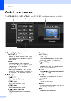 Page 27Chapter 1
4
Control panel overview1
The  MFC-J220 , MFC-J265W , MFC-J410 and MFC-J415W  have the same control panel keys.
 
1 Fax and telephone keys:
Redial/Pause
Redials the last 30 numbers called. It also 
inserts a pause when programming quick 
dial numbers.
 Tel/R
This key is used to have a telephone 
conversation after picking up the external 
handset during the F/T Ring (fast 
double-ring).
Also, when connected to a PBX, you can 
use this key to gain access to an outside line
 
or to transfer a...