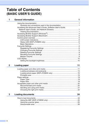 Page 4ii
Table of Contents 
(BASIC USER’S GUIDE)
1 General information 1
Using the documentation ....................................................................................... 1
Symbols and conventions used in the documentation .................................... 1
Accessing the Advanced User’s Guide, Software User’s Guide,  Network User’s Guide, and Network Glossary ................................................... 1Viewing Documentation...