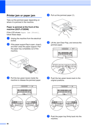 Page 5850
Printer jam or paper jamB
Take out the jammed paper depending on 
where it is jammed in the machine.
Paper is jammed at the front of the 
machine (DCP-J725DW)
B
If the LCD shows Paper Jam [Front], 
follow these steps:
aUnplug the machine from the electrical 
socket.
bIf the paper support flap is open, close it, 
and then close the paper support. Pull 
the paper tray completely out of the 
machine.
 
cPull the two green levers inside the 
machine to release the jammed paper.
 
dPull out the jammed...