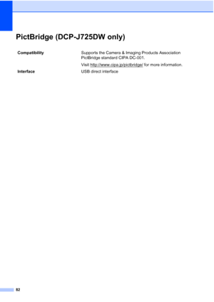 Page 9082
PictBridge (DCP-J725DW only)D
Compatibility Supports the Camera & Imaging Products Association 
PictBridge standard CIPA DC-001.
Visit http://www.cipa.jp/pictbridge/
 for more information.
Interface USB direct interface
 