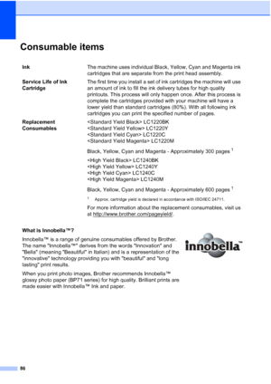 Page 9486
Consumable itemsD
InkThe machine uses individual Black, Yellow, Cyan and Magenta ink 
cartridges that are separate from the print head assembly.
Service Life of Ink 
Cartridge The first time you install a set of ink cartridges the machine will use 
an amount of ink to fill the ink delivery tubes for high quality 
printouts. This process will only happen once. After this process is 
complete the cartridges provided with your machine will have a 
lower yield than standard cartridges (80%). With all...