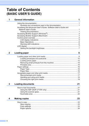 Page 4ii
Table of Contents 
(BASIC USER’S GUIDE)
1 General information 1
Using the documentation ....................................................................................... 1
Symbols and conventions used in the documentation .................................... 1
Accessing the Advanced User’s Guide, Software User’s Guide and  Network User’s Guide ......................................................................................... 1Viewing Documentation...