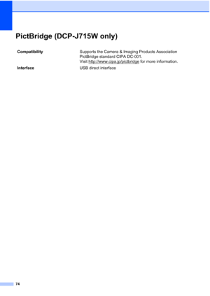 Page 8274
PictBridge (DCP-J715W only)D
Compatibility Supports the Camera & Imaging Products Association 
PictBridge standard CIPA DC-001. 
Visit http://www.cipa.jp/pictbridge
 for more information.
Interface USB direct interface
 