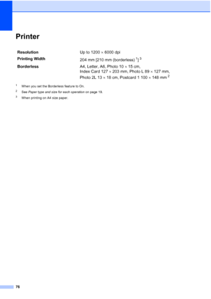 Page 8476
PrinterD
1When you set the Borderless feature to On.
2See Paper type and size for each operation  on page 19.
3When printing on A4 size paper.
ResolutionUp to 1200  6000 dpi
Printing Width 204 mm [210 mm (borderless)
1]3
BorderlessA4, Letter, A6, Photo 1015 cm, 
Index Card 127 203 mm, Photo L 89 127 mm, 
Photo 2L 13 18 cm, Postcard 1 100 148 mm
2
 