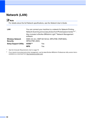 Page 8880
Network (LAN)D
Note
For details about the full Network specifications, see the Network User’s Guide.
 
1See the Computer Requirements chart on page 78.
2If you require more advanced printer management, use the latest Brother BRAdmin Professional utility version that is 
available as a download from http://solutions.brother.com/
LAN You can connect your machine to a network for Network Printing, 
Network Scanning and access photos from PhotoCapture Center™
1. 
Also included is Brother BRAdmin Light
2...