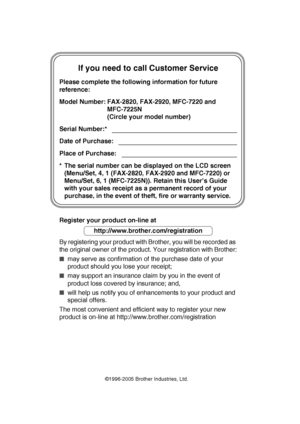 Page 2
                                 
If you need to call Customer Service
Please complete the following information for future 
reference:
Model Number: FAX-2820, FAX-2920, MFC-7220 and MFC-7225N 
(Circle your model number)
Serial Number:*
Date of Purchase:
Place of Purchase:
* The serial number can be displayed on the LCD screen  (Menu/Set, 4, 1 (FAX-2820, FAX-2920 and MFC-7220) or 
Menu/Set, 6, 1 (MFC-7225N)). Retain this User’s Guide 
with your sales receipt as a permanent record of your 
purchase, in...