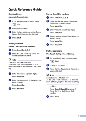 Page 11
ix
Quick Reference Guide
Sending Faxes
Automatic Transmission
1If it is not illuminated in green, press  (Fax ).
2Load your document. 
3Enter the fax number using One-Touch, 
Speed-Dial, Search or the dial pad.
4Press  Start.
Storing numbers
Storing One-Touch Dial numbers
1Press  Menu/Set , 2, 3, 1.
2Press the One-Touch key where you 
want to store the number. 
Note
FAX-2820 and FAX-2920 only:
To access One-Touch numbers 11 to 20, 
hold down  Shift as you press the One-Touch 
key.
3Enter the number (up...