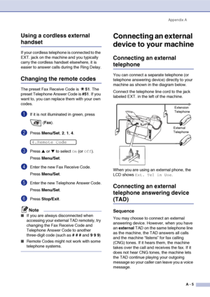 Page 122
Appendix AA - 5
Using a cordless external 
handset
If your cordless telephone is connected to the 
EXT. jack on the machine and you typically 
carry the cordless handset elsewhere, it is 
easier to answer calls during the Ring Delay.
Changing the remote codes
The preset Fax Receive Code is  51. The 
preset Telephone Answer Code is  #51. If you 
want to, you can replace them with your own 
codes.
1If it is not illuminated in green, press 
 (Fax ).
2Press  Menu/Set , 2, 1, 4.
3Press ▲ or ▼ to select On...