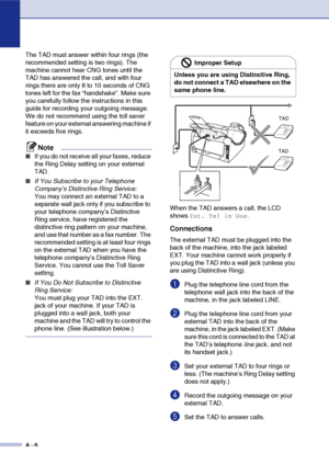 Page 123
A - 6
The TAD must answer within four rings (the 
recommended setting is two rings). The 
machine cannot hear CNG tones until the 
TAD has answered the call, and with four 
rings there are only 8 to 10 seconds of CNG 
tones left for the fax “handshake”. Make sure 
you carefully follow the instructions in this 
guide for recording your outgoing message. 
We do not recommend using the toll saver 
feature on your external answering machine if 
it exceeds five rings.
Note
■If you do not receive all your...