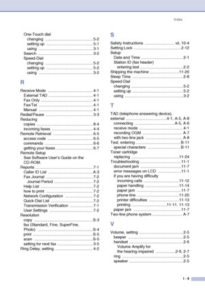 Page 156
IndexI - 4
One-Touch dialchanging ........................................... 5-2
setting up  .......................................... 5-1
using ................................................. 3-1
Search .................................................. 3-2
Speed-Dial changing ........................................... 5-2
setting up  .......................................... 5-2
using ................................................. 3-2
R
Receive Mode  ............................................