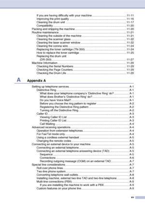 Page 17
xv
If you are having difficulty with your machine ............................................11-11
Improving the print quality .........................................................................11-16
Cleaning the drum unit ..............................................................................11-17
Compatibility ..............................................................................................11-20
Packing and shipping the machine...