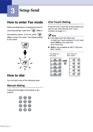 Page 45
3 - 1
3
How to enter Fax mode
Before sending faxes or changing fax send or 
receiving settings, make sure   (Fax) is 
illuminated in green. If it is not, press   
( Fax ) to enter Fax mode. The default setting 
is Fax mode.
How to dial
You can dial in any of the following ways.
Manual dialing
Press all of the digits of the phone or fax 
number.
One-Touch Dialing
Press the One-Touch key of the location you 
want to call. (See  Storing One-Touch 
numbers  on page 5-1.)
Note
■FAX-2820 and FAX-2920 only:
To...