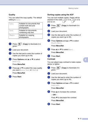 Page 80
Making copies8 - 5
8
Quality
You can select the copy quality. The default 
setting is 
Auto.
1Press  ( Copy) to illuminate it in 
green.
2Load your document.
3Use the dial pad to enter the number of 
copies you want (up to 99).
4Press  Options  and ▲ or ▼ to select 
Quality.
Press  Menu/Set .
5Press ▲ or ▼ to select the copy quality 
you want (
Auto, Text or Photo).
Press  Menu/Set .
6Press Start.
Sorting copies using the ADF 
You can sort multiple copies. Pages will be 
stacked in the order (1 2 3), (1...