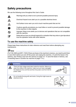 Page 9
vii
Safety precautions
We use the following icons throughout this User’s Guide.
To use the machine safely
Please keep these instructions for later reference and read them before attempting any 
maintenance.
Note
(For FAX-2820 and MFC-7220) If there are faxes in the machines memory, you need to print them 
or save them before you turn off the power and unplug the machine. (To print the faxes in the 
memory, see Printing a fax from the memory  on page 4-5. To save the faxes in memory, see 
Forwarding...