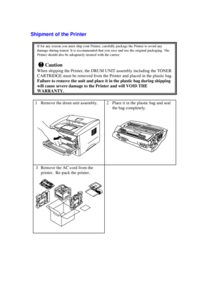 Page 7Shipment of the Printer
If for any reason you must ship your Printer, carefully package the Printer to avoid any
damage during transit. It is recommended that you save and use the original packaging. The
Printer should also be adequately insured with the carrier.
!Caution
When shipping the Printer, the DRUM UNIT assembly including the TONER
CARTRIDGE must be removed from the Printer and placed in the plastic bag.
Failure to remove the unit and place it in the plastic bag during shipping
will cause severe...