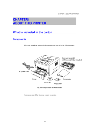 Page 9CHAPTER 1 ABOUT THIS PRINTER
1-1
CHAPTER1  
ABOUT THIS PRINTER
What is included in the carton
Components
When you unpack the printer, check to see that you have all of the following parts:
Fig. 1-1  Components in the Printer Carton
Components may differ from one country to another. AC power cordDrum unit assembly
(with toner cartridge included)
Floppy
 diskDocuments
CD-ROM Printer
 