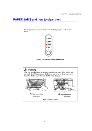 Page 85CHAPTER 4 TROUBLESHOOTING
4-11
PAPER JAMS and how to clear them
When a paper jam occurs, the printer indicates by lighting the LEDs as shown
below.
Ready
Alarm Paper
Toner
Data
Drum
Fig. 4-3  LED indication caused by a paper jam
 
Warning
After you have just used the printer, some internal parts of the printer are
extremely hot. When you open the front or rear cover of the printer, never
touch the shaded parts shown in the following diagram.
 High temperature High temperature
 
    
Front view Rear view...