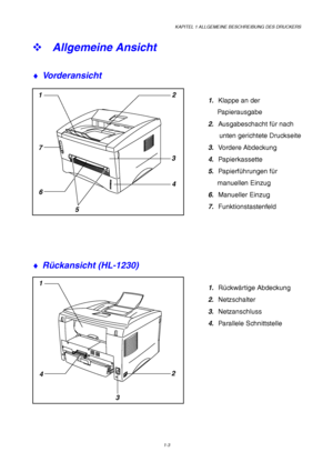 Page 12KAPITEL 1 ALLGEMEINE BESCHREIBUNG DES DRUCKERS
1-3
12
3
4
5 6 7
1
32
4
™ Allgemeine Ansicht
♦ 
Vorderansicht
1. Klappe an der
     Papierausgabe
2. Ausgabeschacht für nach
      unten gerichtete Druckseite
3. Vordere Abdeckung
4. Papierkassette
5. Papierführungen für
     manuellen Einzug
6. Manueller Einzug
7. Funktionstastenfeld
♦ 
Rückansicht (HL-1230)
1. Rückwärtige Abdeckung
2. Netzschalter
3. Netzanschluss
4. Parallele Schnittstelle
 