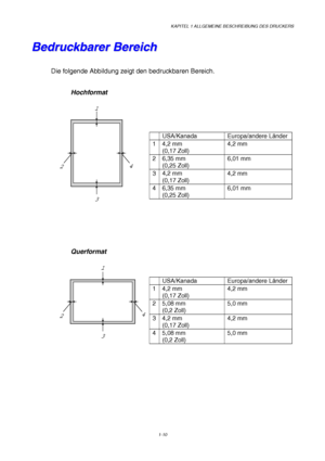 Page 19KAPITEL 1 ALLGEMEINE BESCHREIBUNG DES DRUCKERS
1-10
B B
e e
d d
r r
u u
c c
k k
b b
a a
r r
e e
r r
   
B B
e e
r r
e e
i i
c c
h h
Die folgende Abbildung zeigt den bedruckbaren Bereich.
Hochformat
 
 
 
 
 
USA/Kanada Europa/andere Länder
14,2 mm
(0,17 Zoll)4,2 mm
2 6,35 mm
(0,25 Zoll)6,01 mm
34,2 mm
(0,17 Zoll)4,2 mm
4 6,35 mm
(0,25 Zoll)6,01 mm
 
 
Querformat
 
 
USA/Kanada Europa/andere Länder
14,2 mm
(0,17 Zoll)4,2 mm
2 5,08 mm
(0,2 Zoll)5,0 mm
34,2 mm
(0,17 Zoll)4,2 mm
4 5,08 mm
(0,2 Zoll)5,0 mm...