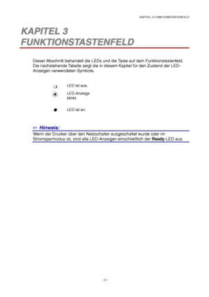 Page 55KAPITEL 3 FUNKTIONSTASTENFELD
3-1
3 3K K
A A
P P
I I
T T
E E
L L
   
3 3
F F
U U
N N
K K
T T
I I
O O
N N
S S
T T
A A
S S
T T
E E
N N
F F
E E
L L
D D
Dieser Abschnitt behandelt die LEDs und die Taste auf dem Funktionstastenfeld.
Die nachstehende Tabelle zeigt die in diesem Kapitel für den Zustand der LED-
Anzeigen verwendeten Symbole.
❍
❍❍ ❍LED ist aus.
LED-Anzeige
blinkt.

 LED ist an.
✏ Hinweis:
0Wenn der Drucker über den Netzschalter ausgeschaltet wurde oder im
Stromsparmodus ist, sind alle...